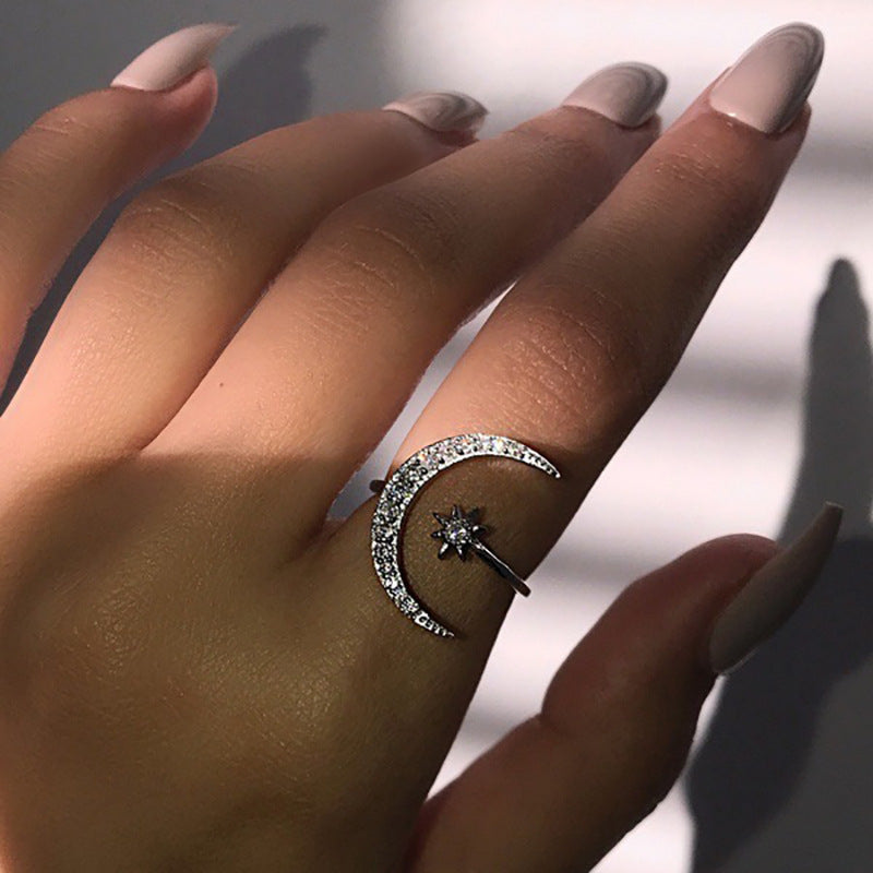 Moon And Star Opening Rings Fashion Rhinestones Personalized Jewelry For Women