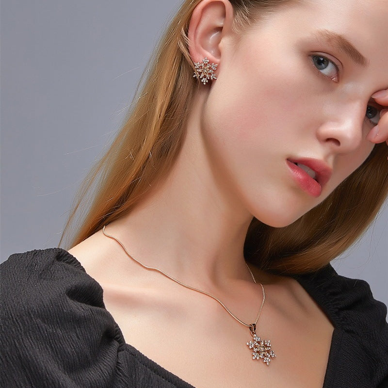 Simple Full Diamond Alloy Snowflake Necklace Ear Stud